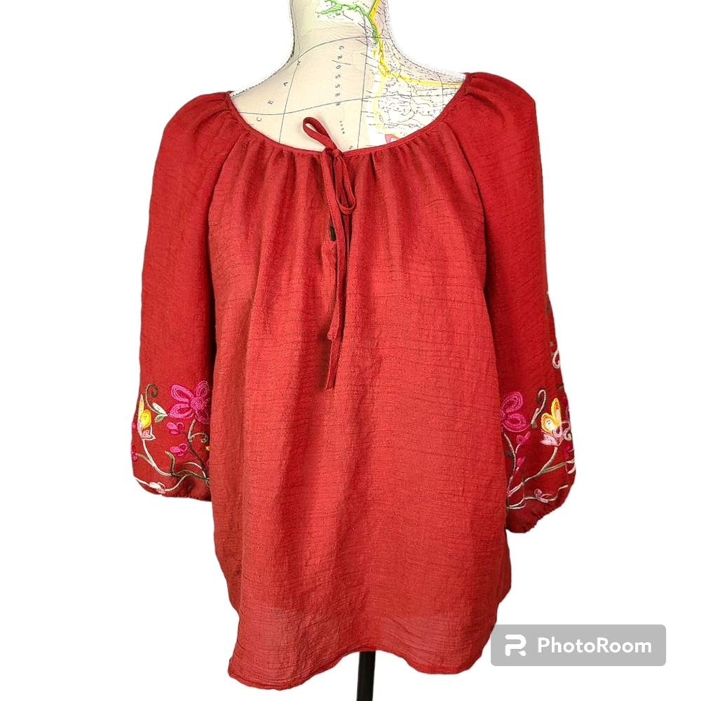 Olivia and Martin Floral Embroider Sleeve Crinkle Gauze Blouse Size Large Orange